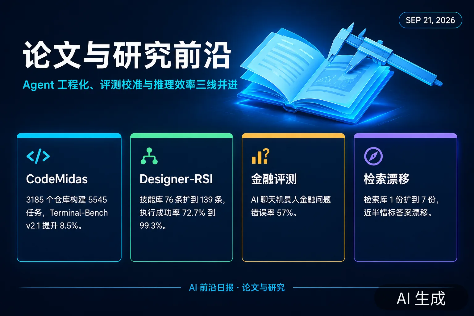 信息图:论文与研究前沿——Agent 工程化、评测校准与推理效率三线并进(AI 生成图,文字为当日报道要点)