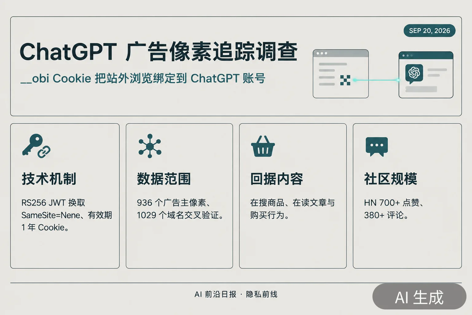 信息图：ChatGPT 广告像素追踪调查——__obi Cookie 把站外浏览绑定到 ChatGPT 账号（AI 生成图，文字为当日报道要点）
