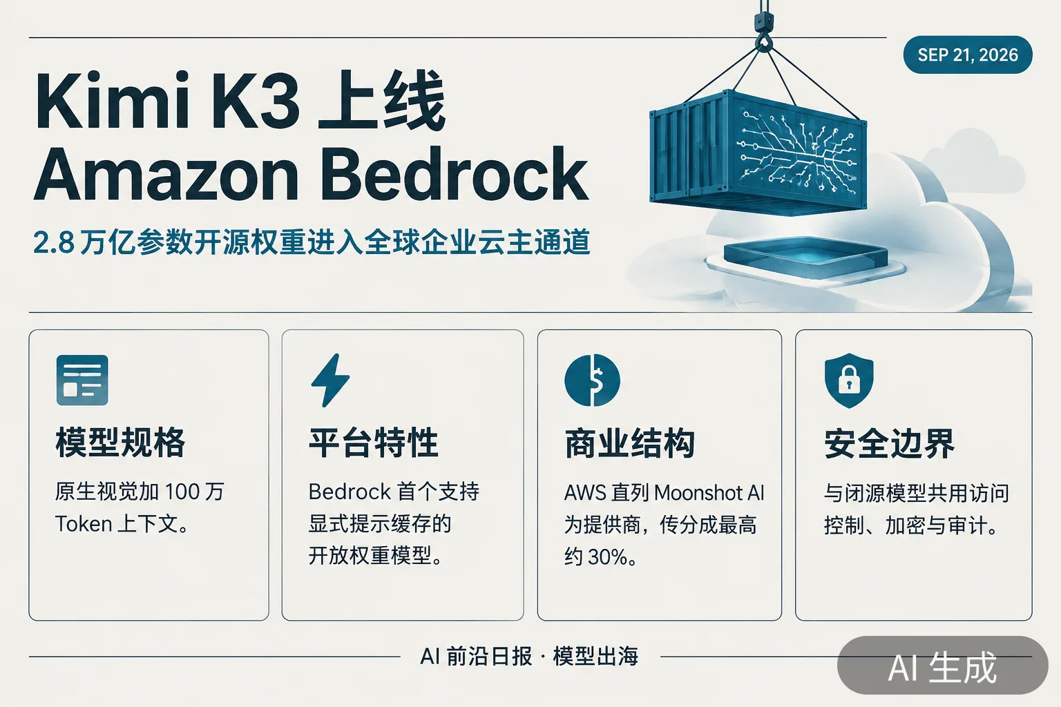 信息图:Kimi K3 上线 Amazon Bedrock——2.8 万亿参数开源权重进入全球企业云主通道(AI 生成图,文字为当日报道要点)