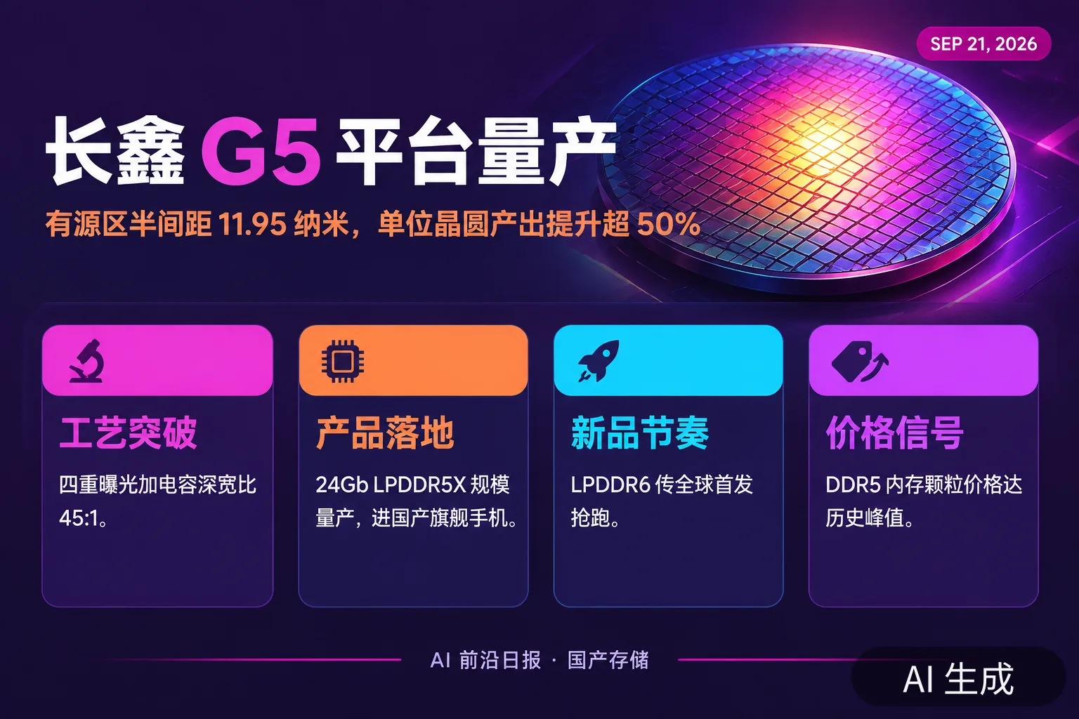 信息图:长鑫 G5 平台量产——有源区半间距 11.95 纳米,单位晶圆产出提升超 50%(AI 生成图,文字为当日报道要点)