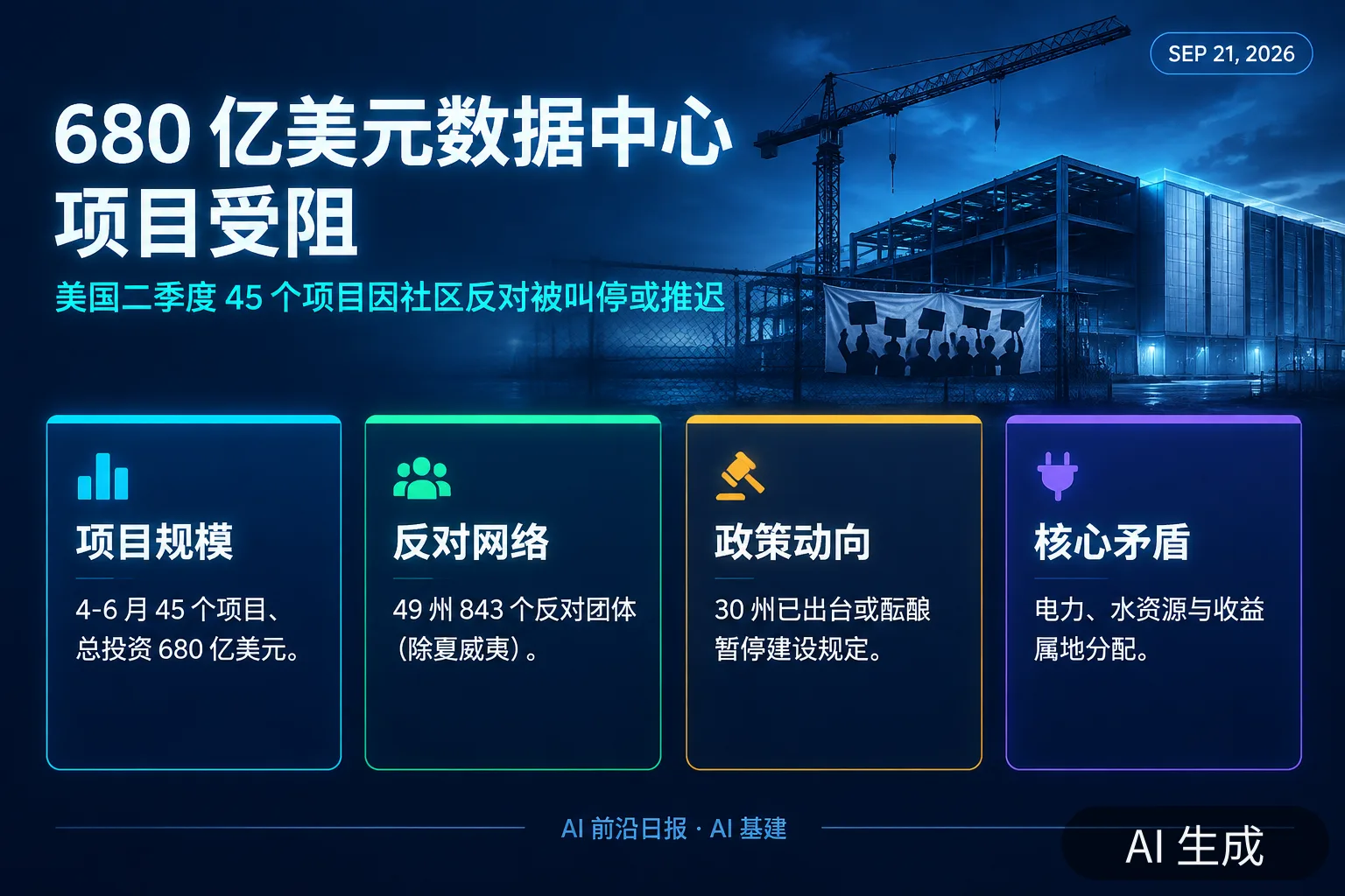 信息图:680 亿美元数据中心项目受阻——美国二季度 45 个项目因社区反对被叫停或推迟(AI 生成图,文字为当日报道要点)