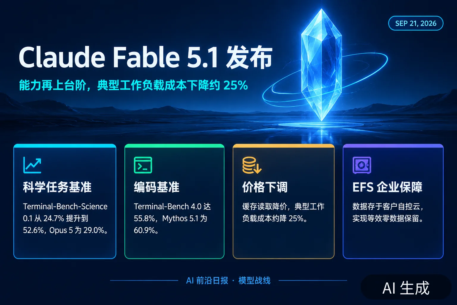 信息图:Claude Fable 5.1 发布——能力再上台阶,典型工作负载成本下降约 25%(AI 生成图,文字为当日报道要点)