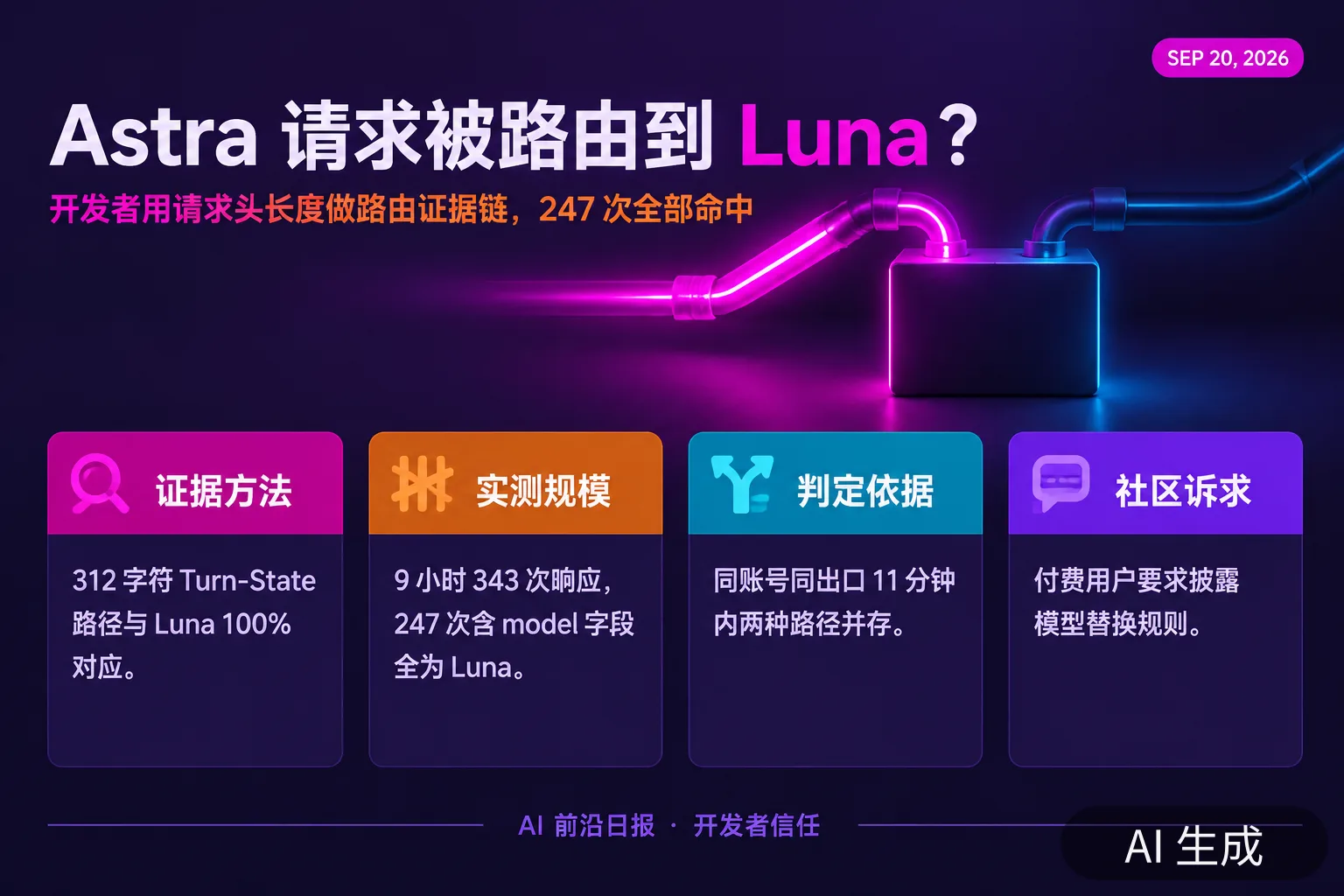 信息图:Astra 请求被路由到 Luna?——开发者用请求头长度做路由证据链,247 次全部命中(AI 生成图,文字为当日报道要点)