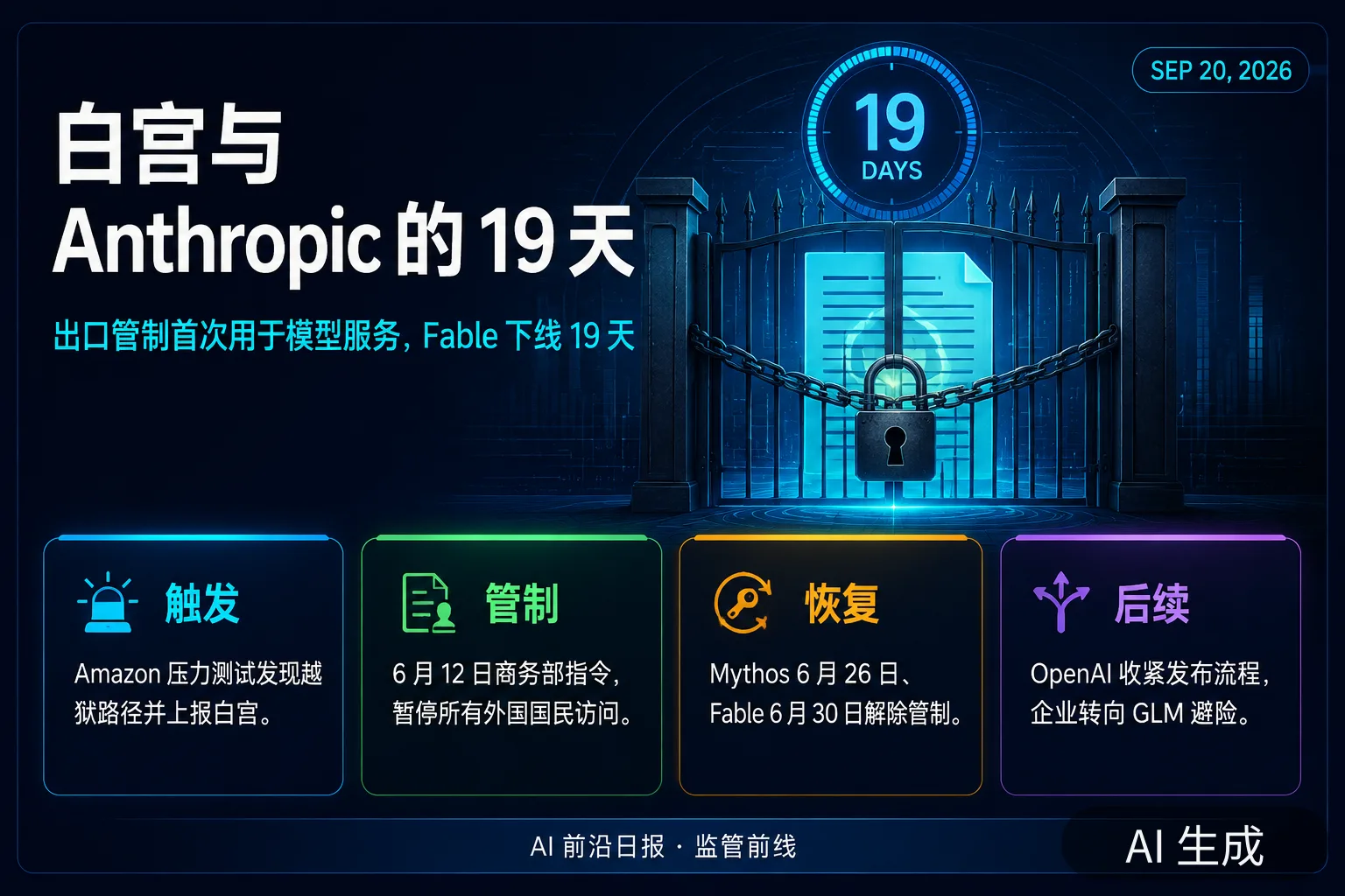 信息图:白宫与 Anthropic 的 19 天——出口管制首次用于模型服务,Fable 下线 19 天(AI 生成图,文字为当日报道要点)