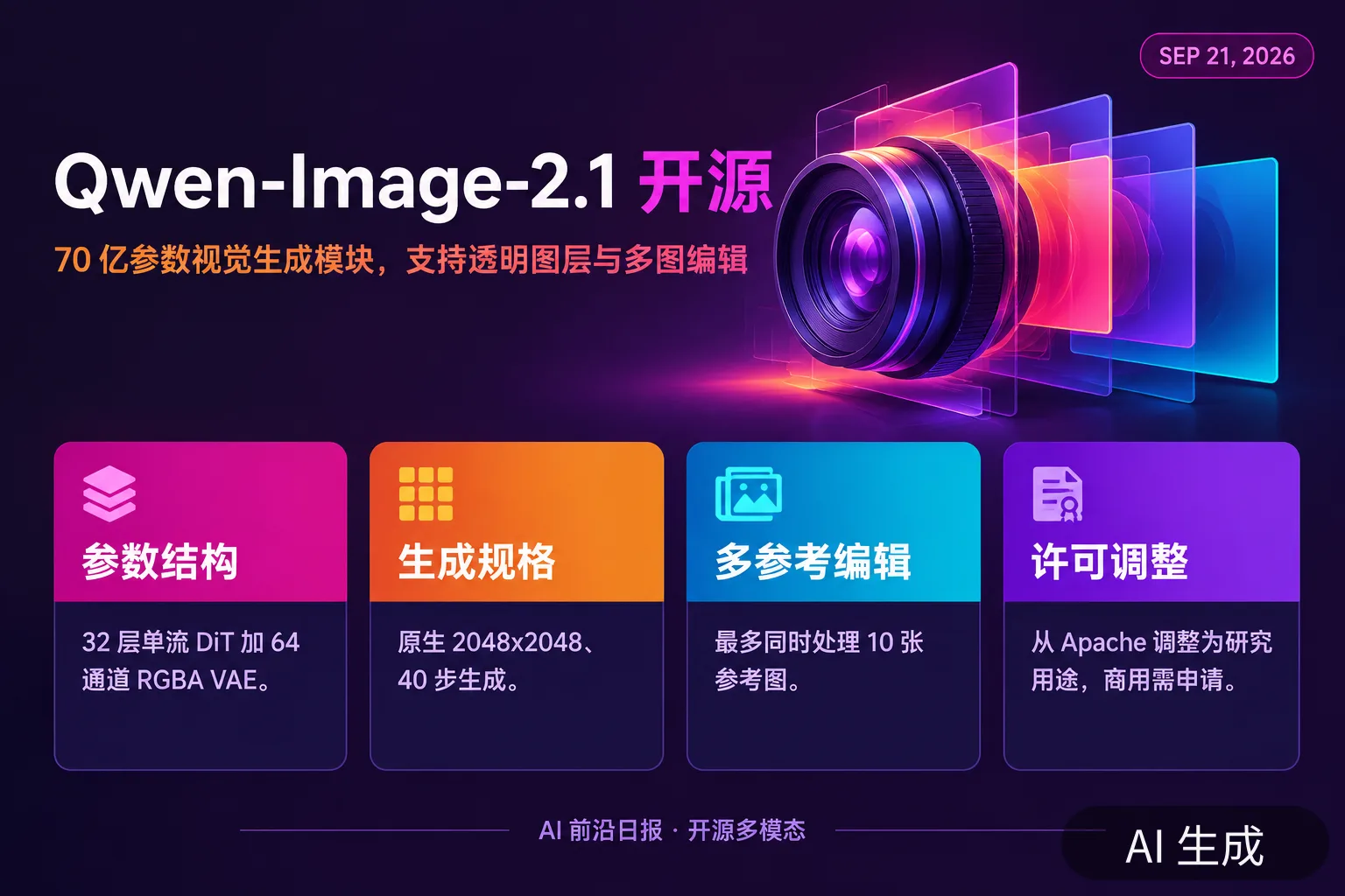 信息图:Qwen-Image-2.1 开源——70 亿参数视觉生成模块,支持透明图层与多图编辑(AI 生成图,文字为当日报道要点)