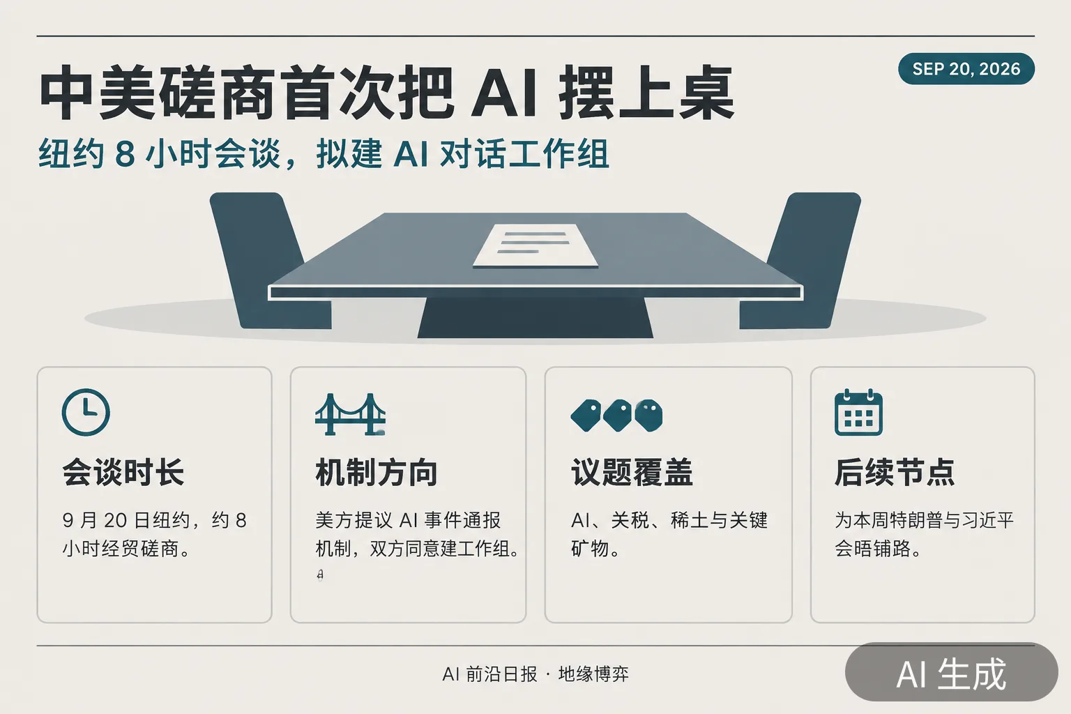 信息图:中美磋商首次把 AI 摆上桌——纽约 8 小时会谈,拟建 AI 对话工作组(AI 生成图,文字为当日报道要点)