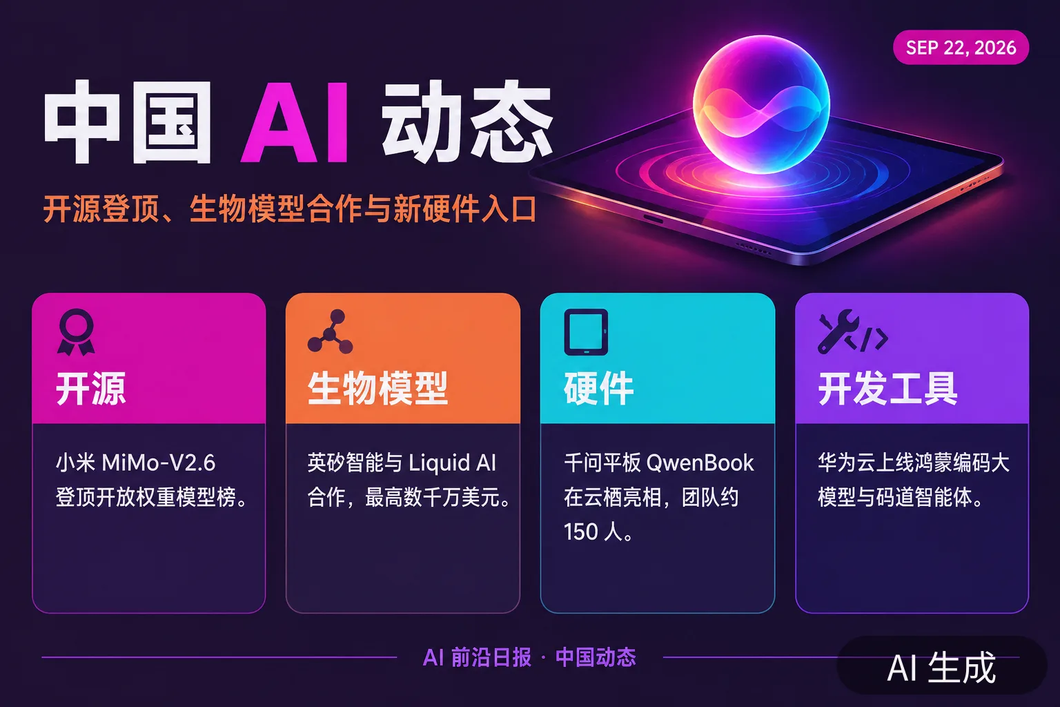 信息图：中国 AI 动态——MiMo 登顶、英矽智能合作、千问平板亮相（AI 生成图，文字为当日报道要点）