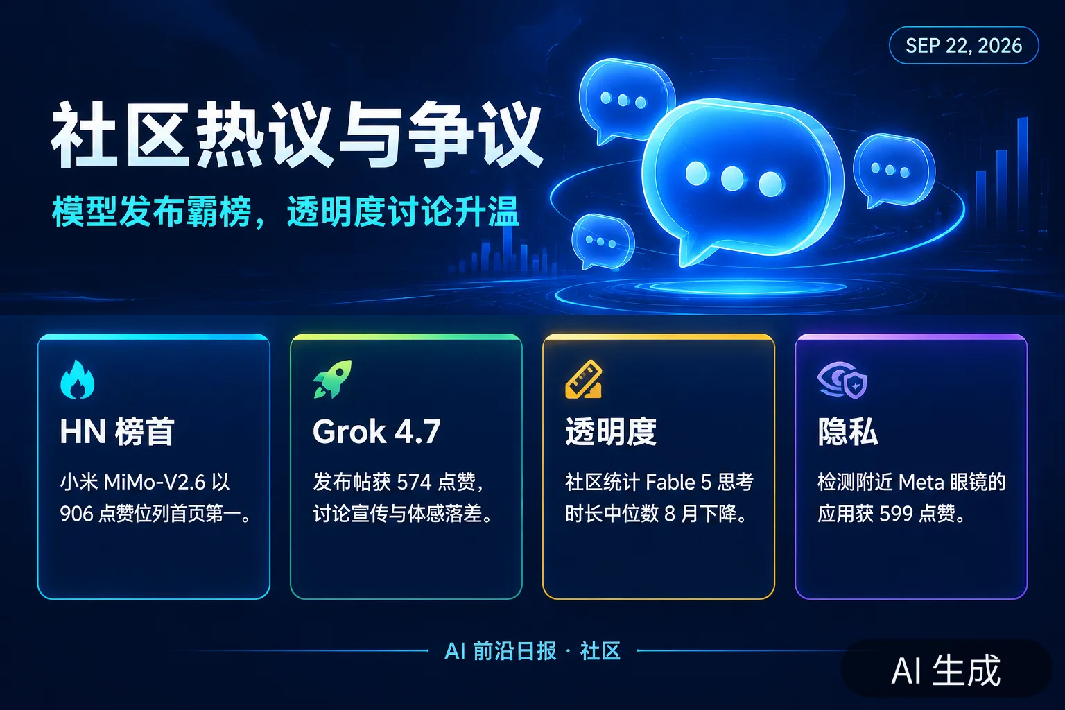 信息图：社区热议——MiMo 与 Grok 4.7 霸榜、Fable 5 思考时长测量、隐私工具走红（AI 生成图，文字为当日报道要点）
