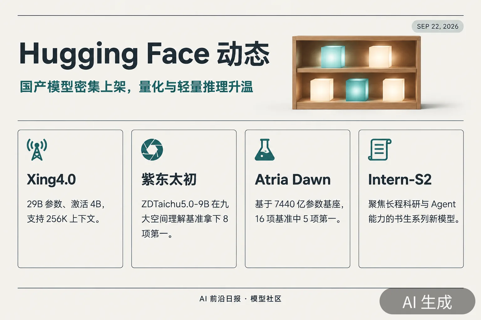 信息图：Hugging Face 动态——Xing4.0 上架、紫东太初空间智能、上海 AI Lab 双模型（AI 生成图，文字为当日报道要点）