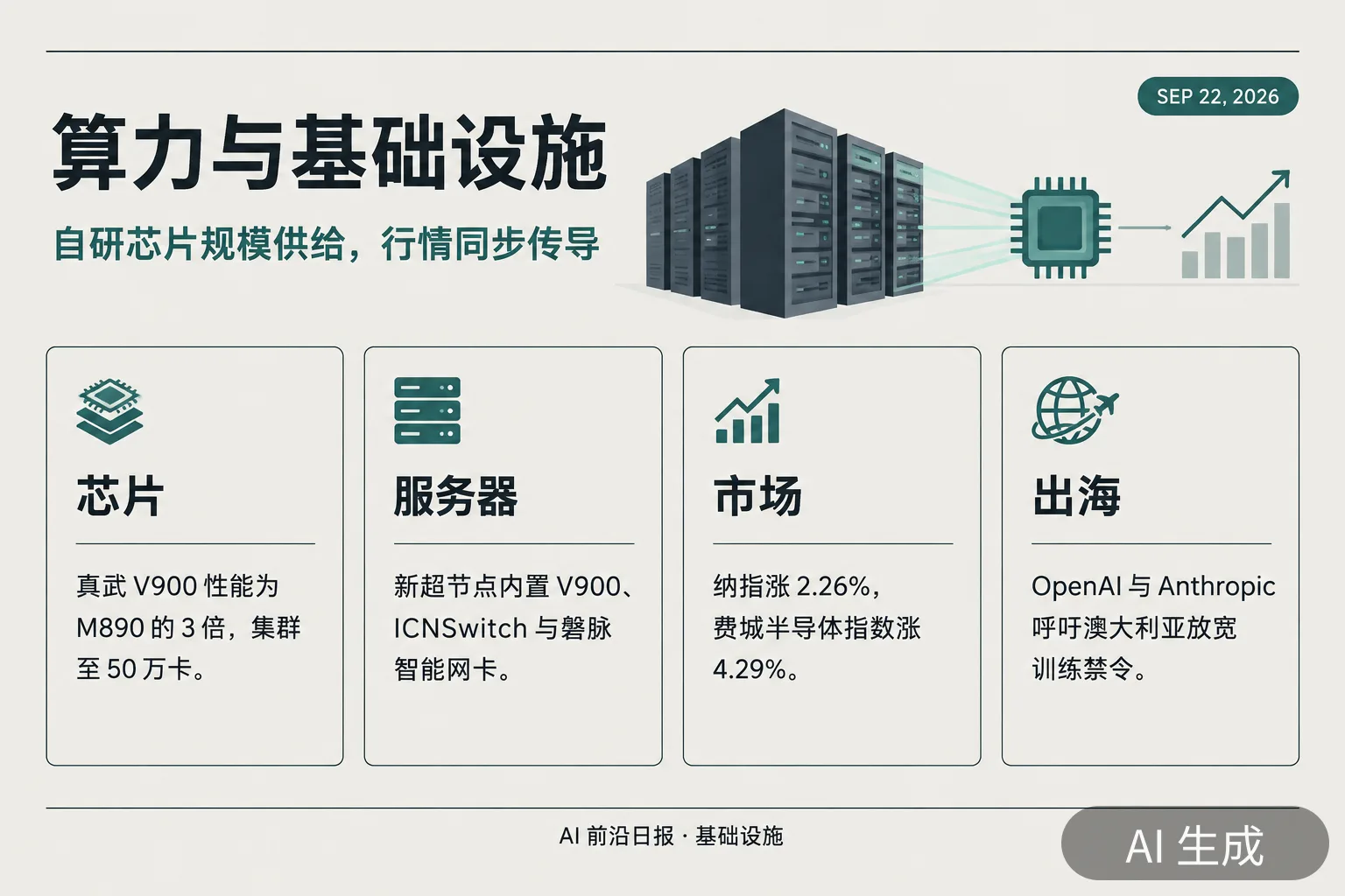 信息图：算力与基础设施——真武 V900 与超节点、AI 行情传导、训练基地出海（AI 生成图，文字为当日报道要点）