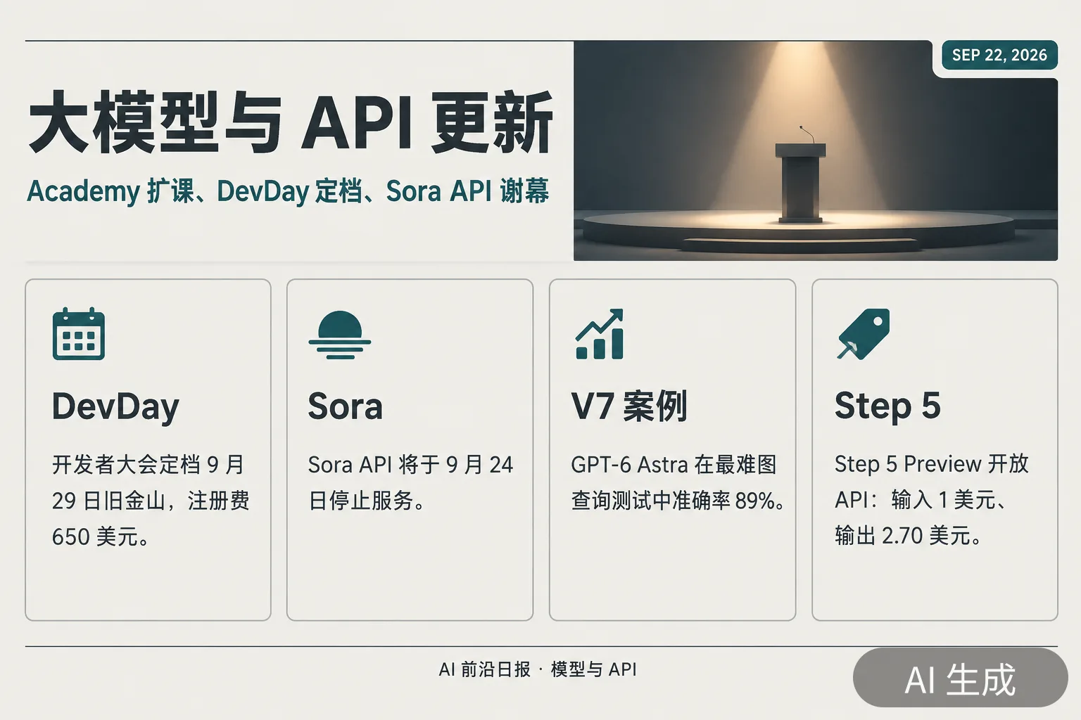 信息图：大模型与 API 更新——Academy 扩课、DevDay 定档、Sora API 谢幕、V7 案例细节（AI 生成图，文字为当日报道要点）