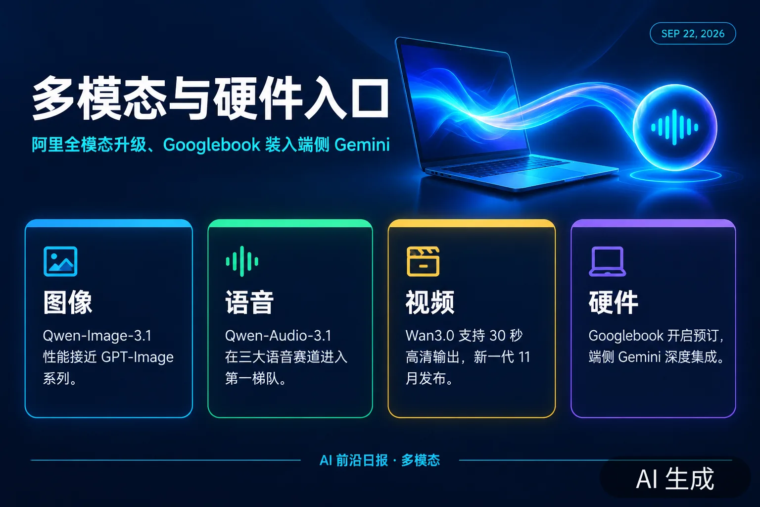 信息图：多模态动态——阿里全模态矩阵升级、Googlebook 端侧 Gemini、实时视频编辑（AI 生成图，文字为当日报道要点）