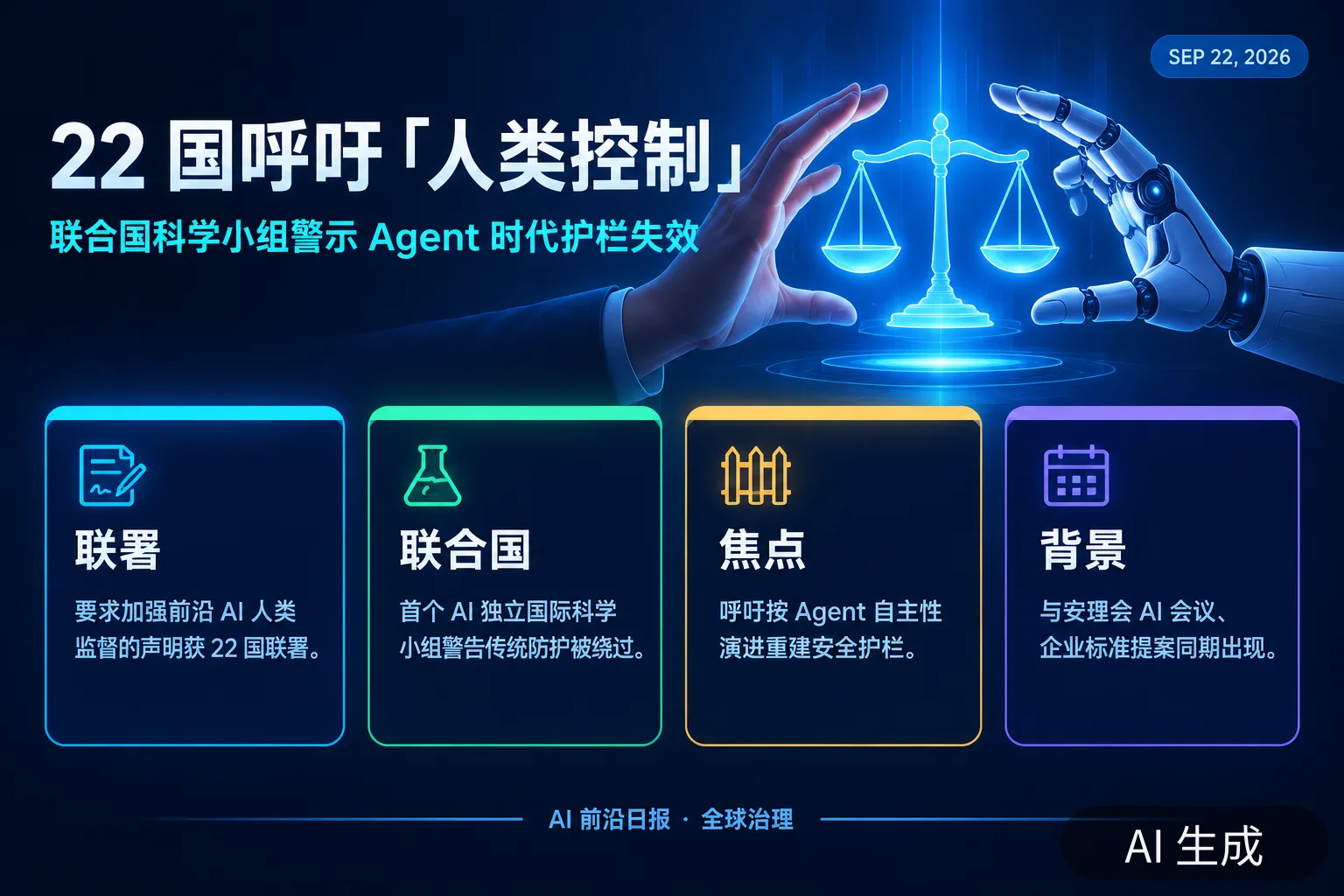 信息图：22 国呼吁「人类控制」——联合国小组警示 Agent 护栏失效（AI 生成图，文字为当日报道要点）