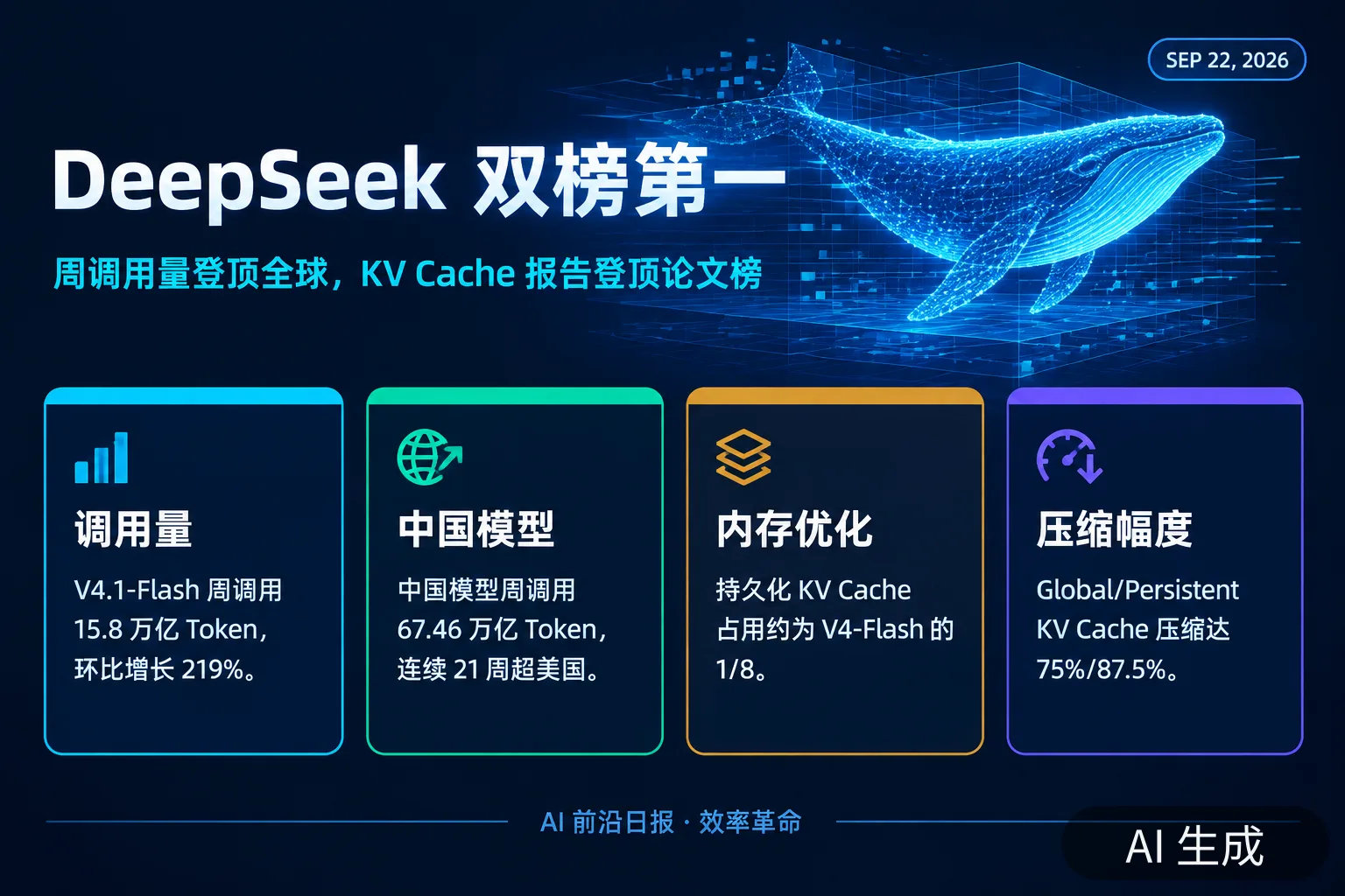 信息图：DeepSeek 双榜第一——周调用量 15.8 万亿 Token，KV Cache 报告登顶（AI 生成图，文字为当日报道要点）
