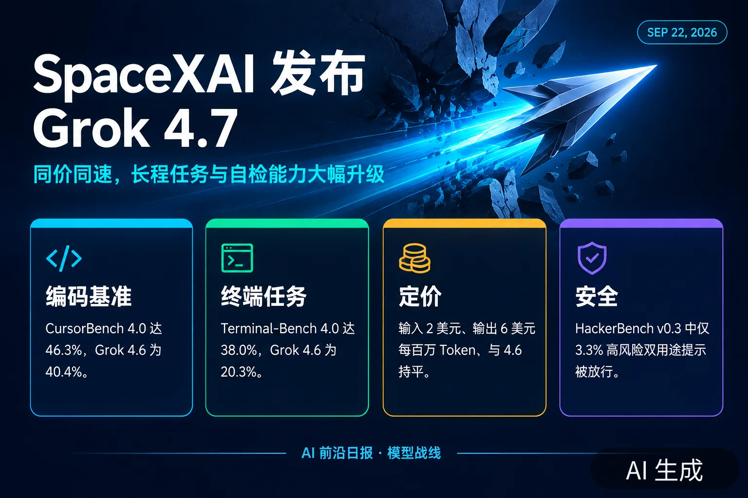 信息图：SpaceXAI 发布 Grok 4.7——CursorBench 46.3%，价格维持 2/6 美元（AI 生成图，文字为当日报道要点）