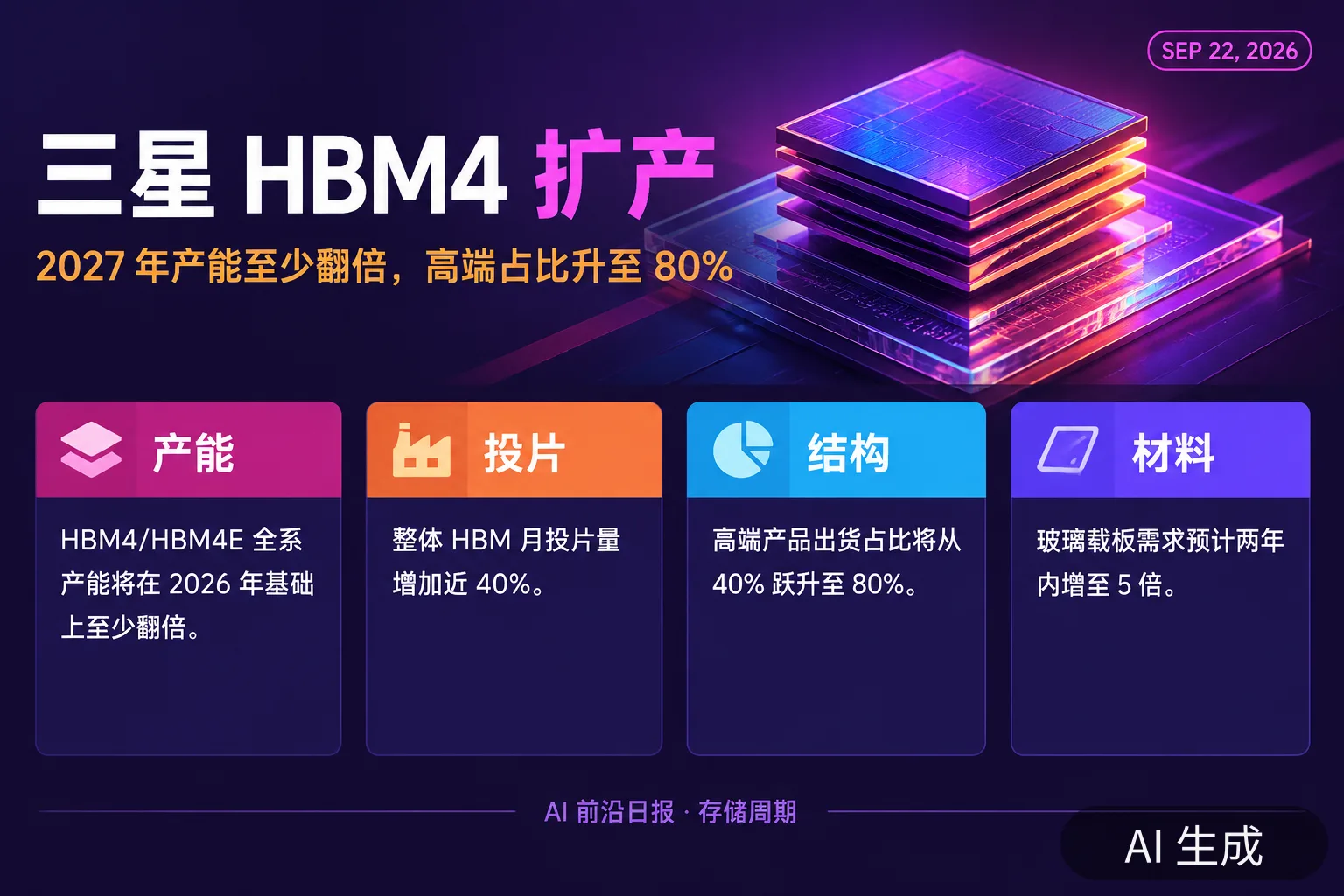 信息图：三星 HBM4 产能 2027 至少翻倍——高端占比 40% 升至 80%（AI 生成图，文字为当日报道要点）