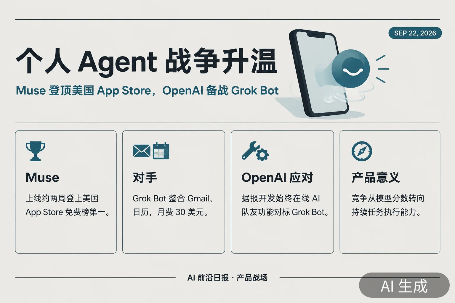 信息图：个人 Agent 战争——Muse 登顶美国免费榜，OpenAI 备战 Grok Bot（AI 生成图，文字为当日报道要点）