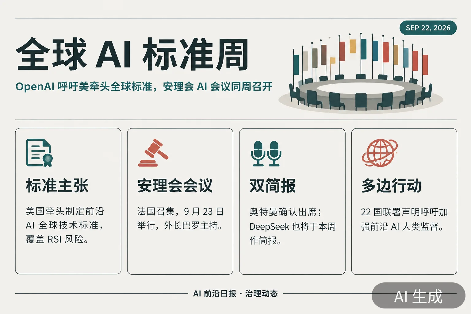 信息图：全球 AI 标准周——OpenAI 呼吁美牵头，OpenAI 与 DeepSeek 同周简报安理会（AI 生成图，文字为当日报道要点）