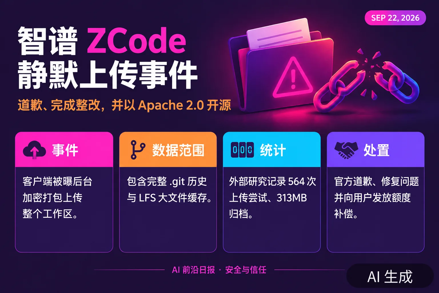 信息图：智谱 ZCode 静默上传事件收尾——道歉、整改、Apache 2.0 开源（AI 生成图，文字为当日报道要点）