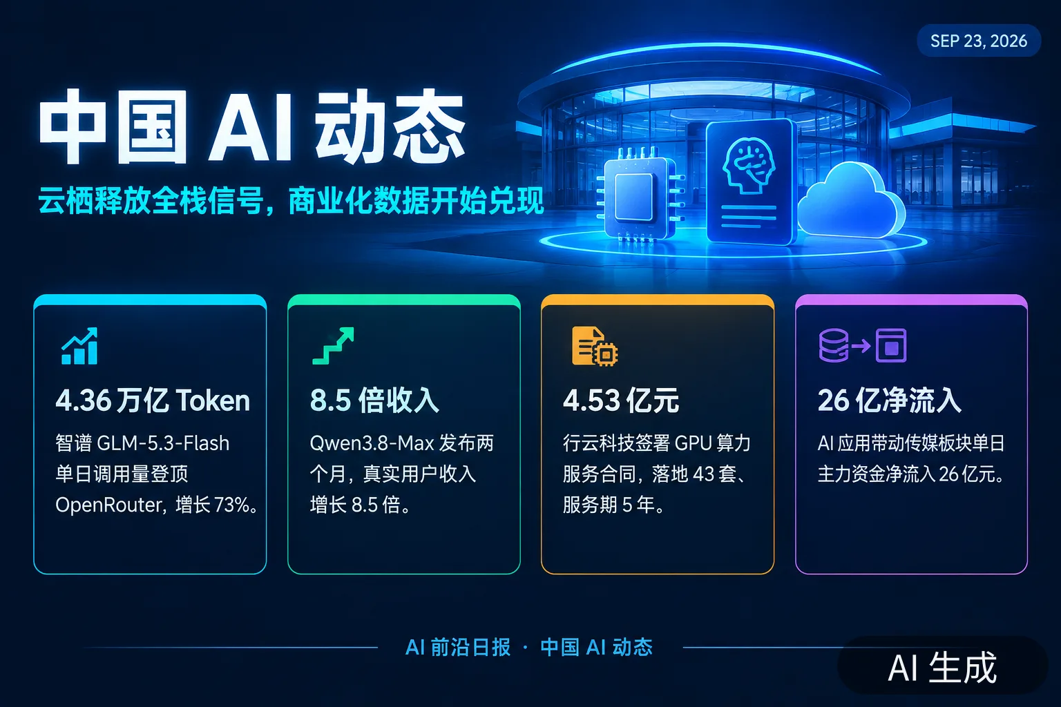 信息图:中国 AI 动态要点,含智谱调用量登顶与阿里商业化数据(AI 生成图,文字为当日报道要点)