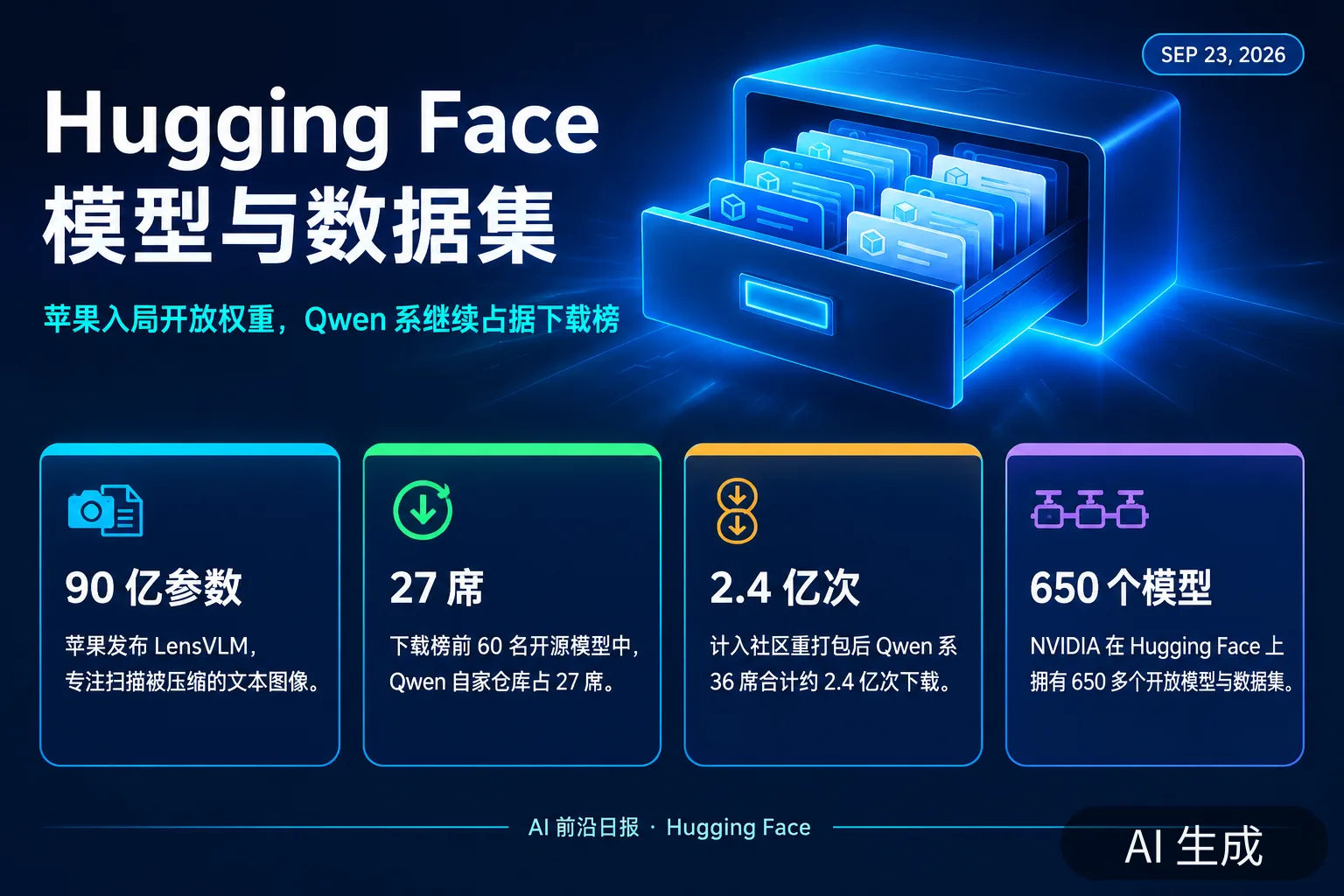 信息图:Hugging Face 模型与数据集要点,含苹果 LensVLM 与 Qwen 下载榜占比(AI 生成图,文字为当日报道要点)
