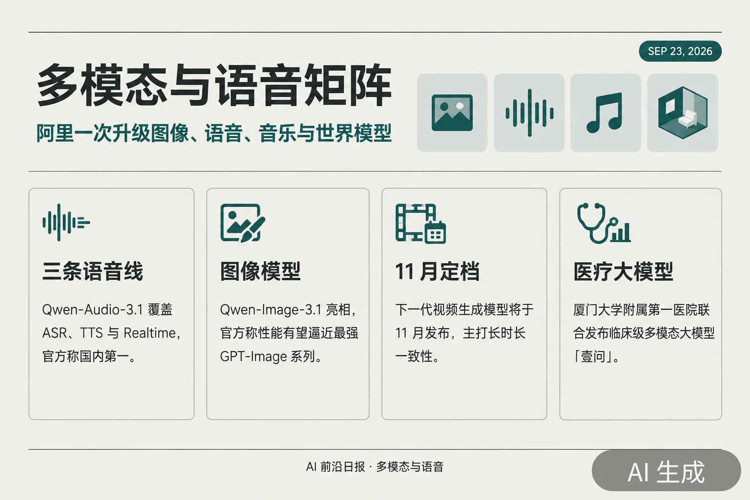 信息图:多模态、视频、语音与图像要点,含 Qwen 图像与语音矩阵升级(AI 生成图,文字为当日报道要点)