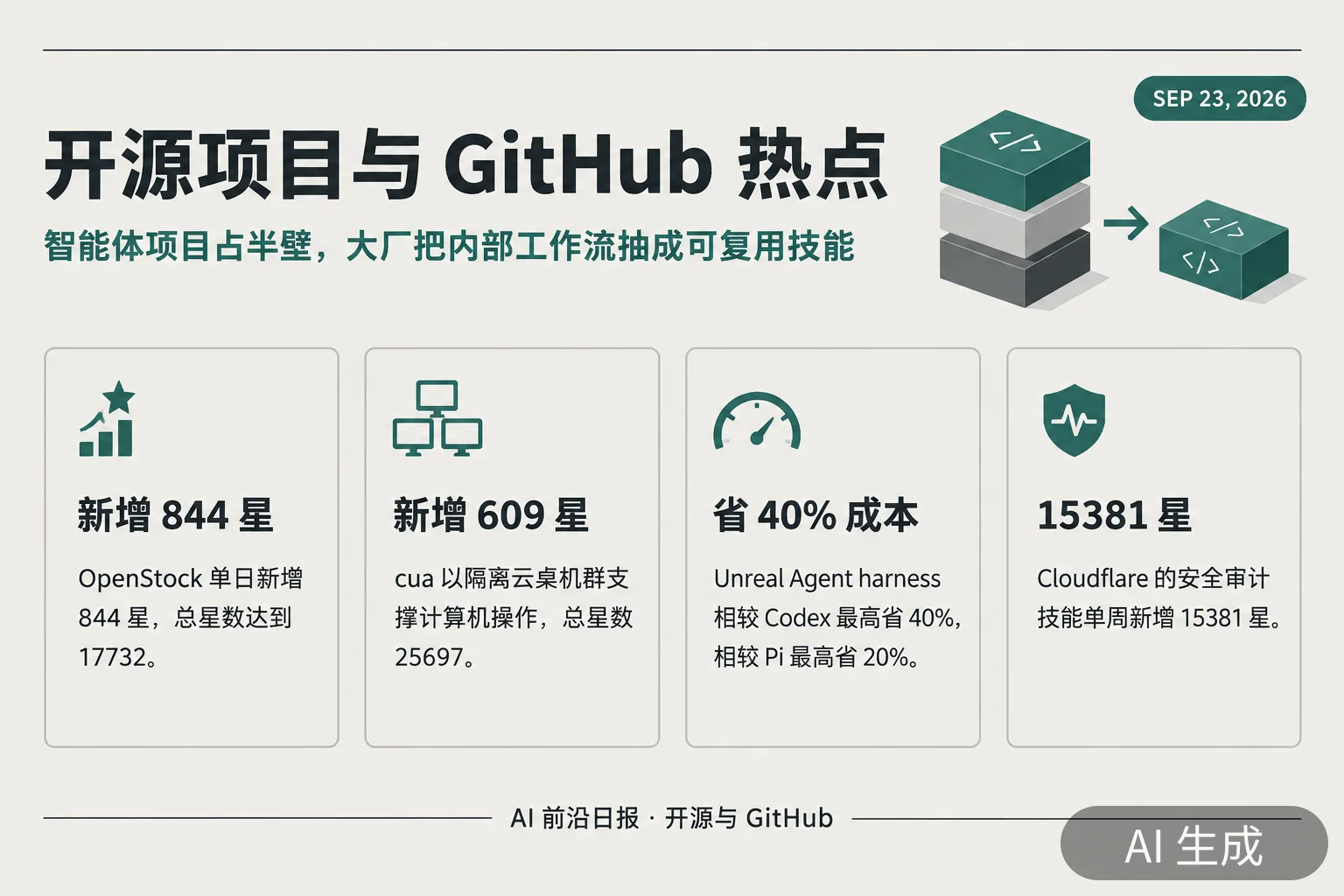 信息图:开源项目与 GitHub 热点,智能体框架与大厂技能成为增长主力(AI 生成图,文字为当日报道要点)