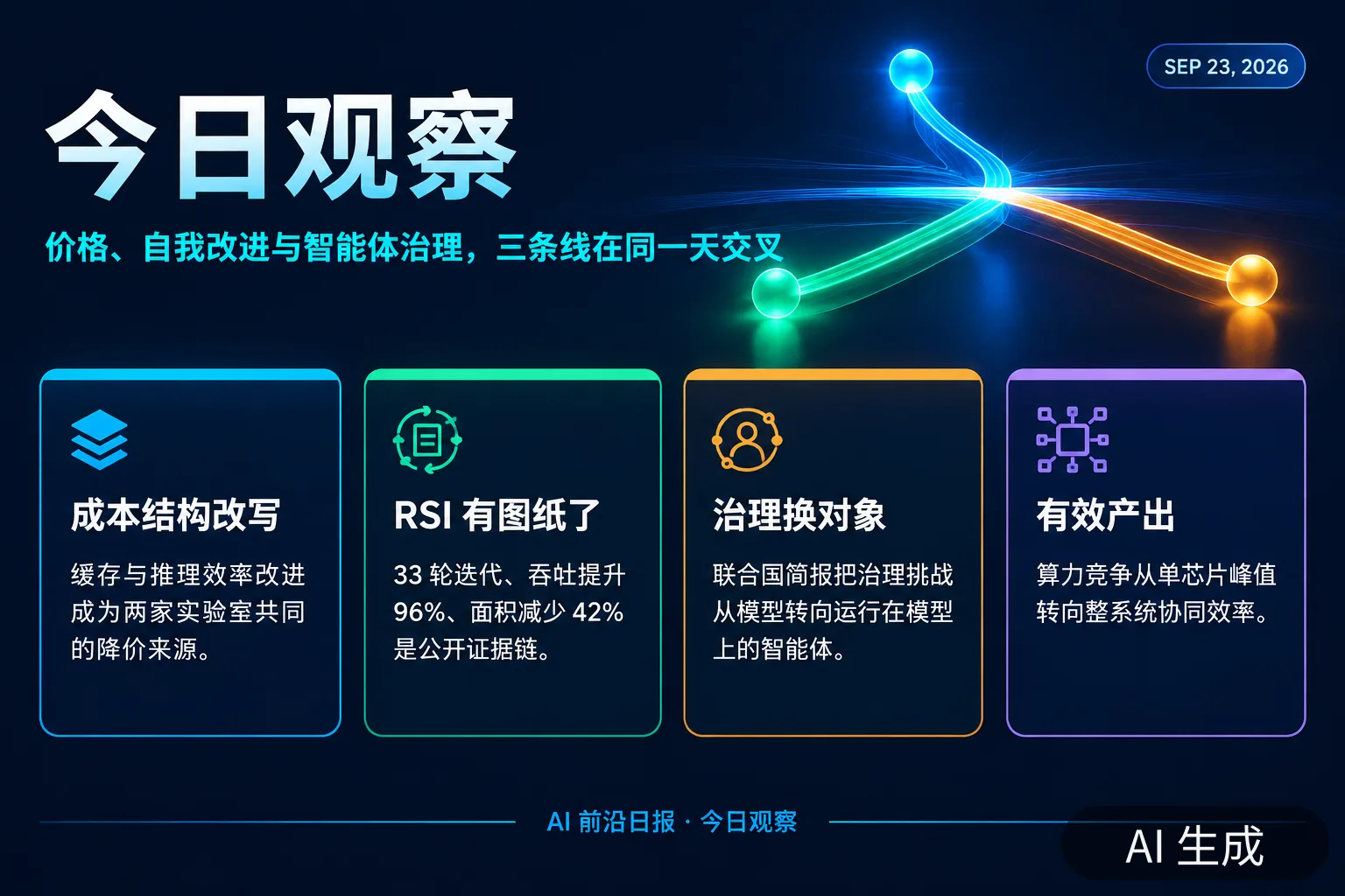 信息图:今日观察要点,价格战、RSI 工程化与智能体治理三条线交叉(AI 生成图,文字为当日报道要点)