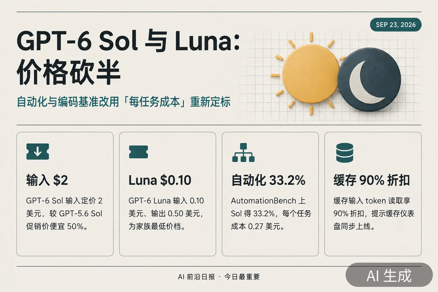 信息图:OpenAI 发布 GPT-6 Sol 与 Luna,API 价格较上代促销价再降 50%(AI 生成图,文字为当日报道要点)