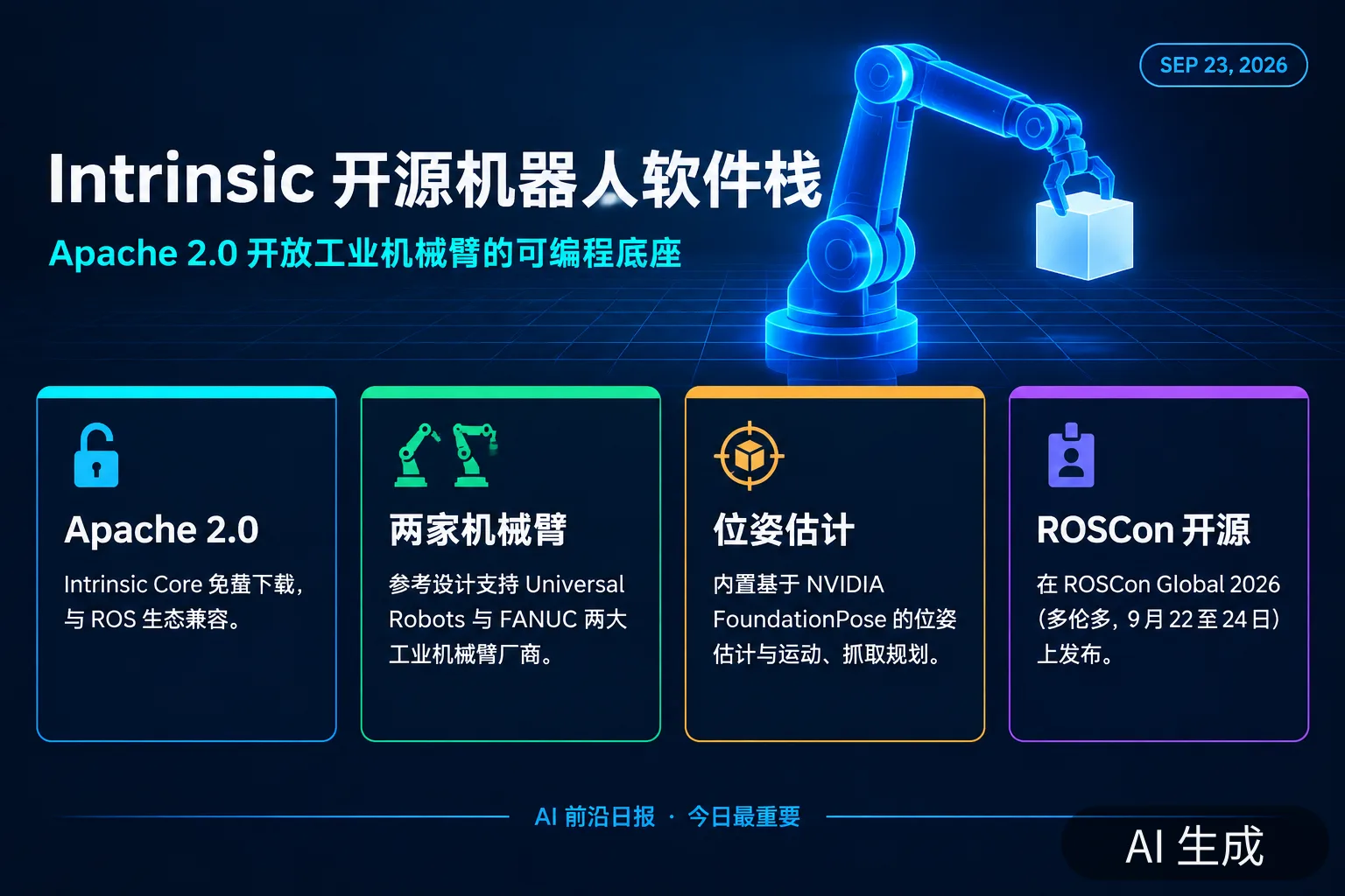 信息图:Alphabet 旗下 Intrinsic 以 Apache 2.0 开源 Intrinsic Core 机器人软件栈(AI 生成图,文字为当日报道要点)