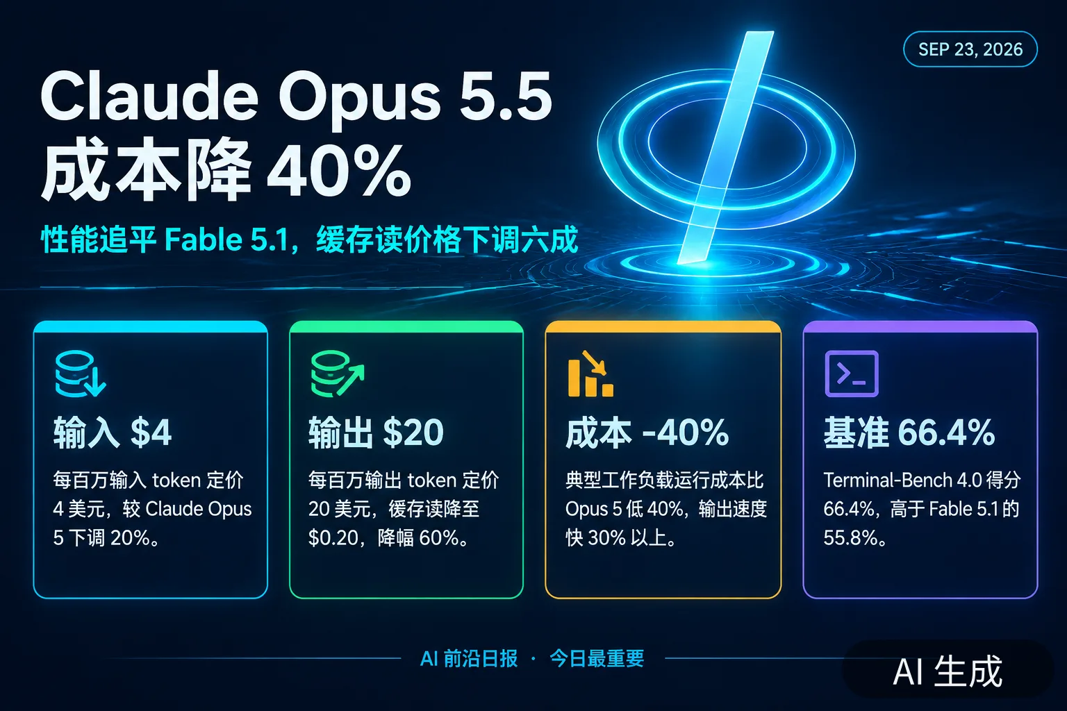 信息图:Claude Opus 5.5 发布,成本降 40%、Terminal-Bench 4.0 得 66.4%(AI 生成图,文字为当日报道要点)