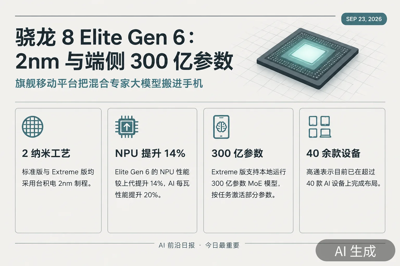 信息图:高通发布 2nm 骁龙 8 Elite Gen 6 与 Extreme,端侧可跑 300 亿参数 MoE(AI 生成图,文字为当日报道要点)
