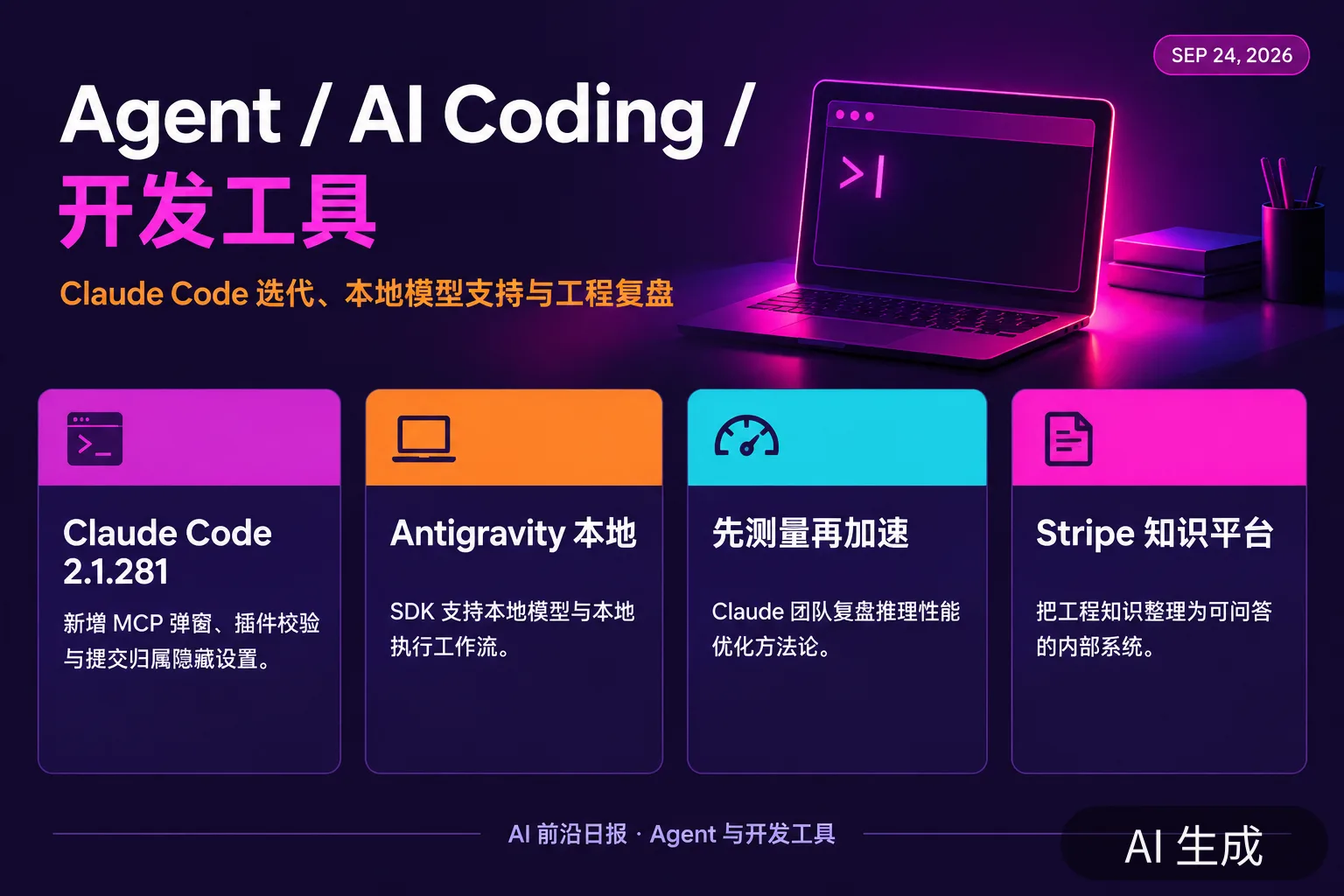 信息图:Agent 与开发工具要点,含 Claude Code 2.1.281 与 Antigravity 本地支持(AI 生成图,文字为当日报道要点)