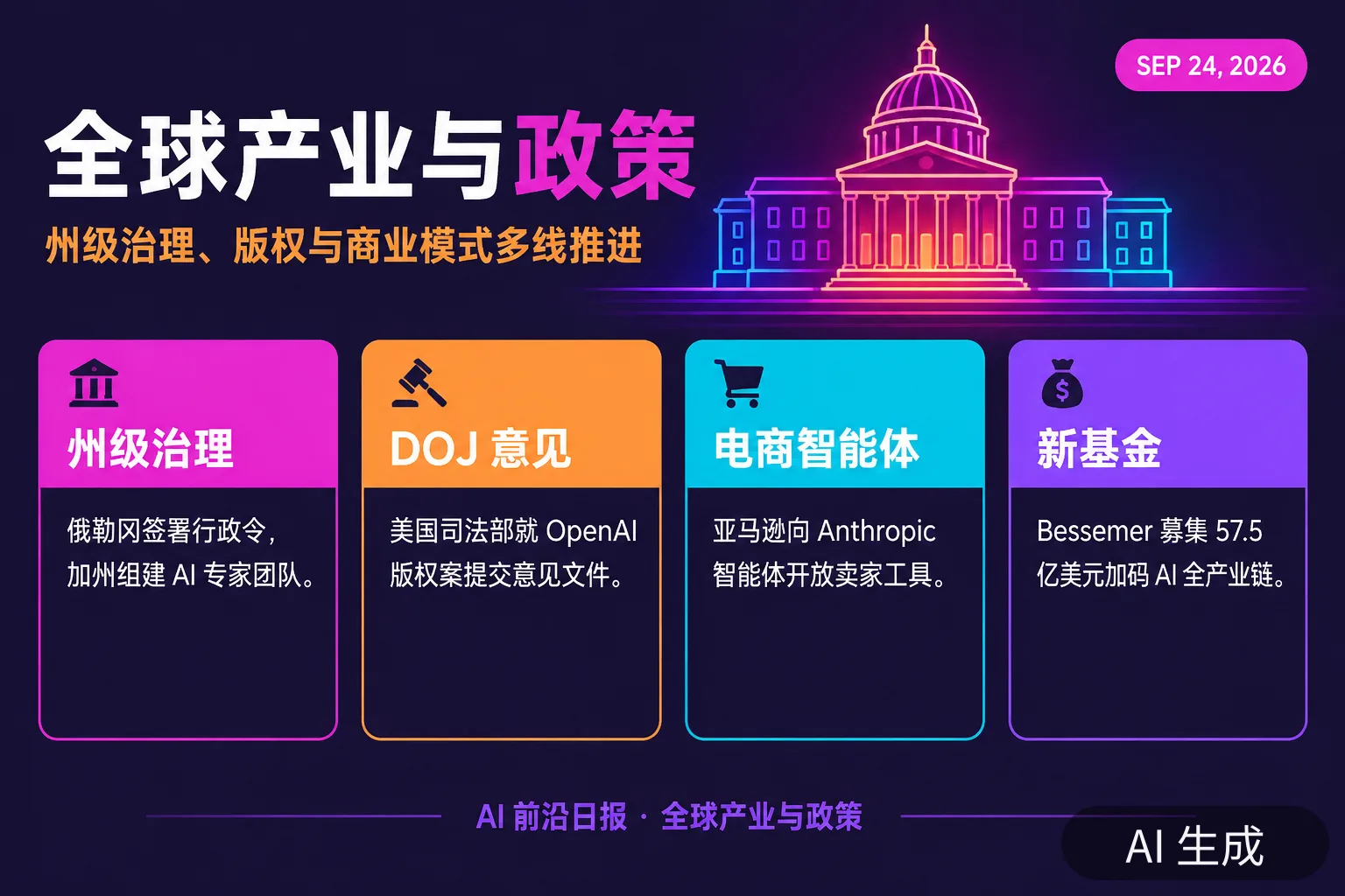 信息图:全球产业与政策要点,含州级 AI 治理、版权意见与新基金(AI 生成图,文字为当日报道要点)