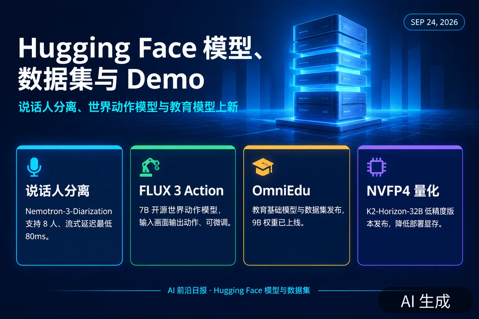 信息图:Hugging Face 上新,含 Nemotron 说话人分离、FLUX 3 Action 与 OmniEdu(AI 生成图,文字为当日报道要点)