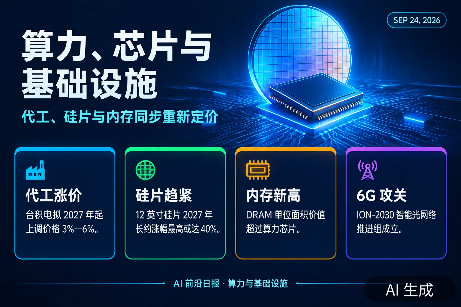 信息图:算力基础设施要点,台积电涨价、硅片与内存重新定价(AI 生成图,文字为当日报道要点)