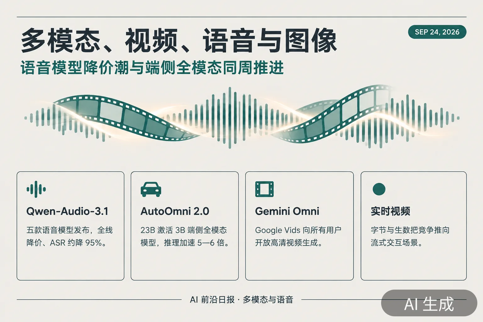 信息图:多模态与语音要点,含 Qwen-Audio-3.1 降价与端侧全模态模型(AI 生成图,文字为当日报道要点)