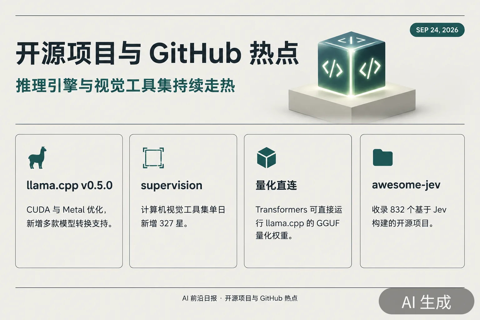 信息图:开源项目与 GitHub 热点,llama.cpp v0.5.0 与量化生态更新(AI 生成图,文字为当日报道要点)