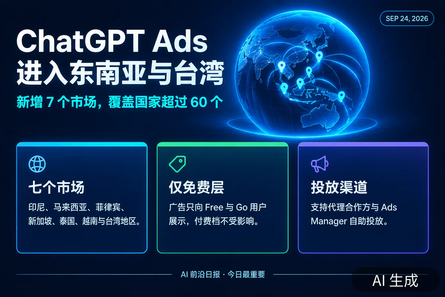 信息图:ChatGPT Ads 扩张至东南亚七市场与台湾,覆盖超过 60 个市场(AI 生成图,文字为当日报道要点)