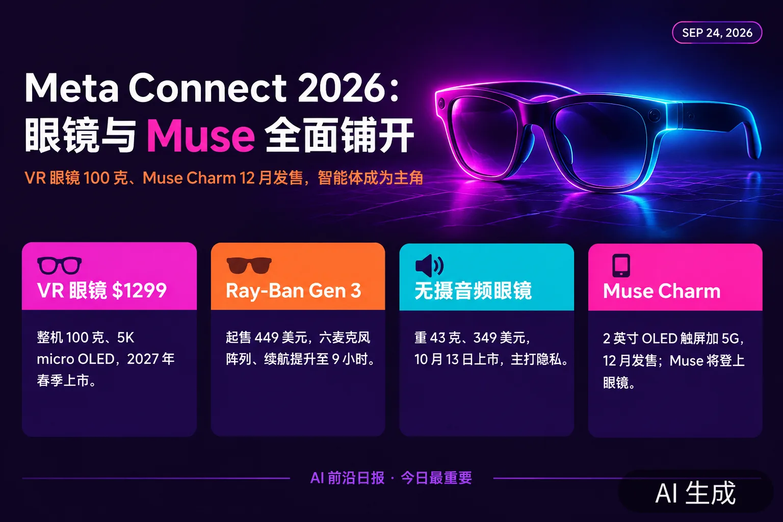 信息图:Meta Connect 2026 发布 VR 眼镜、三款 AI 眼镜与 Muse Charm(AI 生成图,文字为当日报道要点)