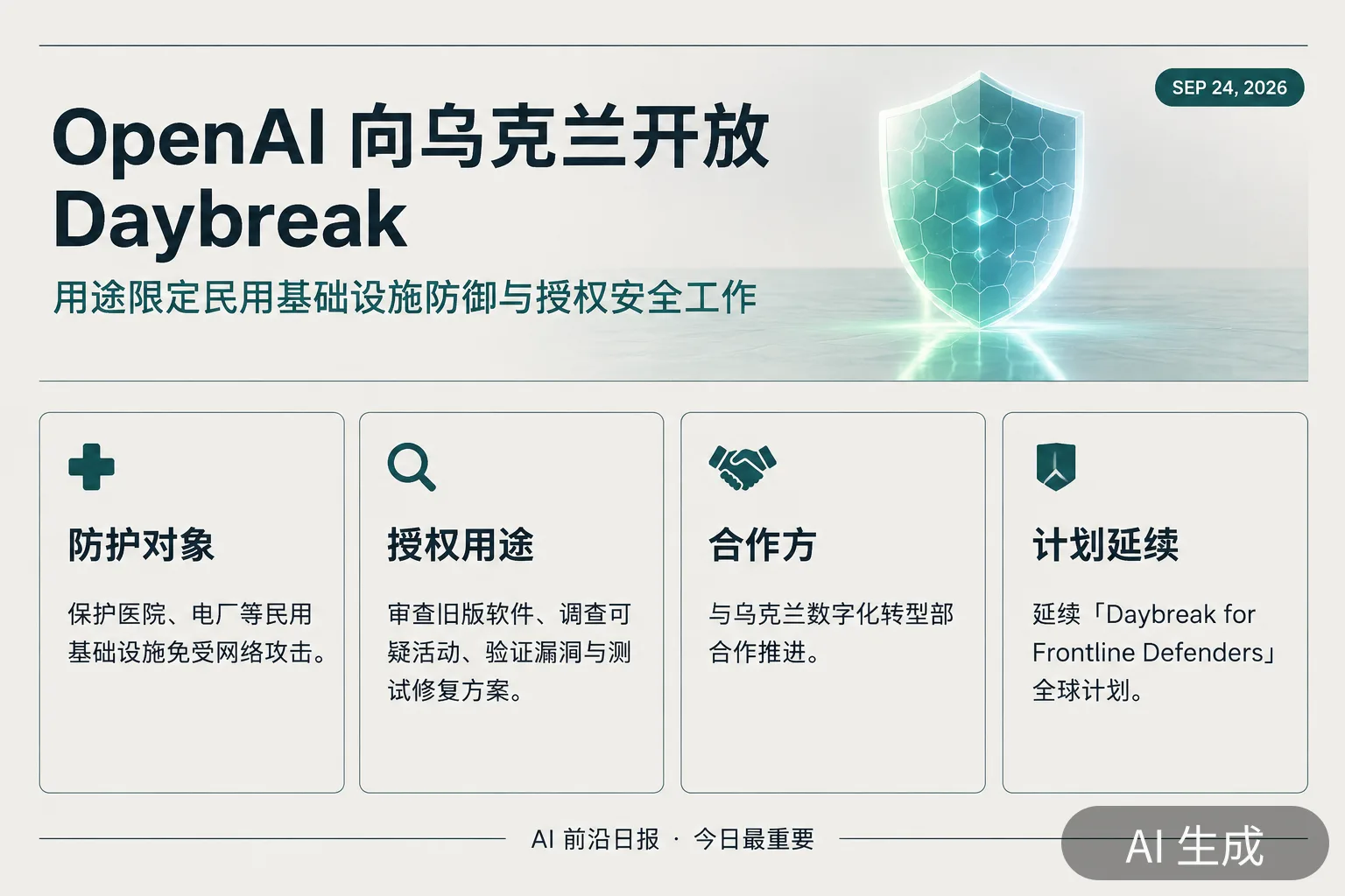 信息图:OpenAI 向乌克兰政府开放 Daybreak 网络安全访问(AI 生成图,文字为当日报道要点)